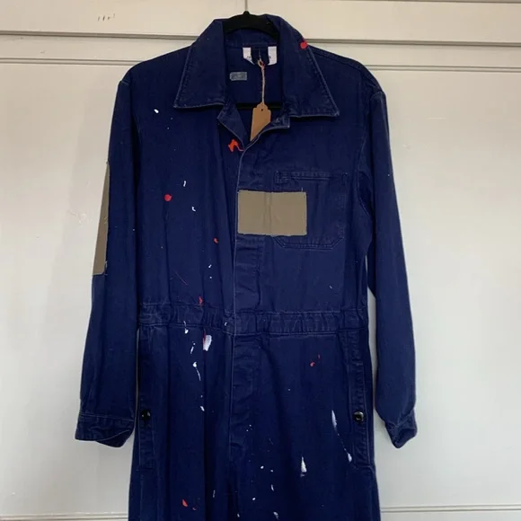Artist coveralls, jumpsuit, patches and paint, drawstring bottoms, button up